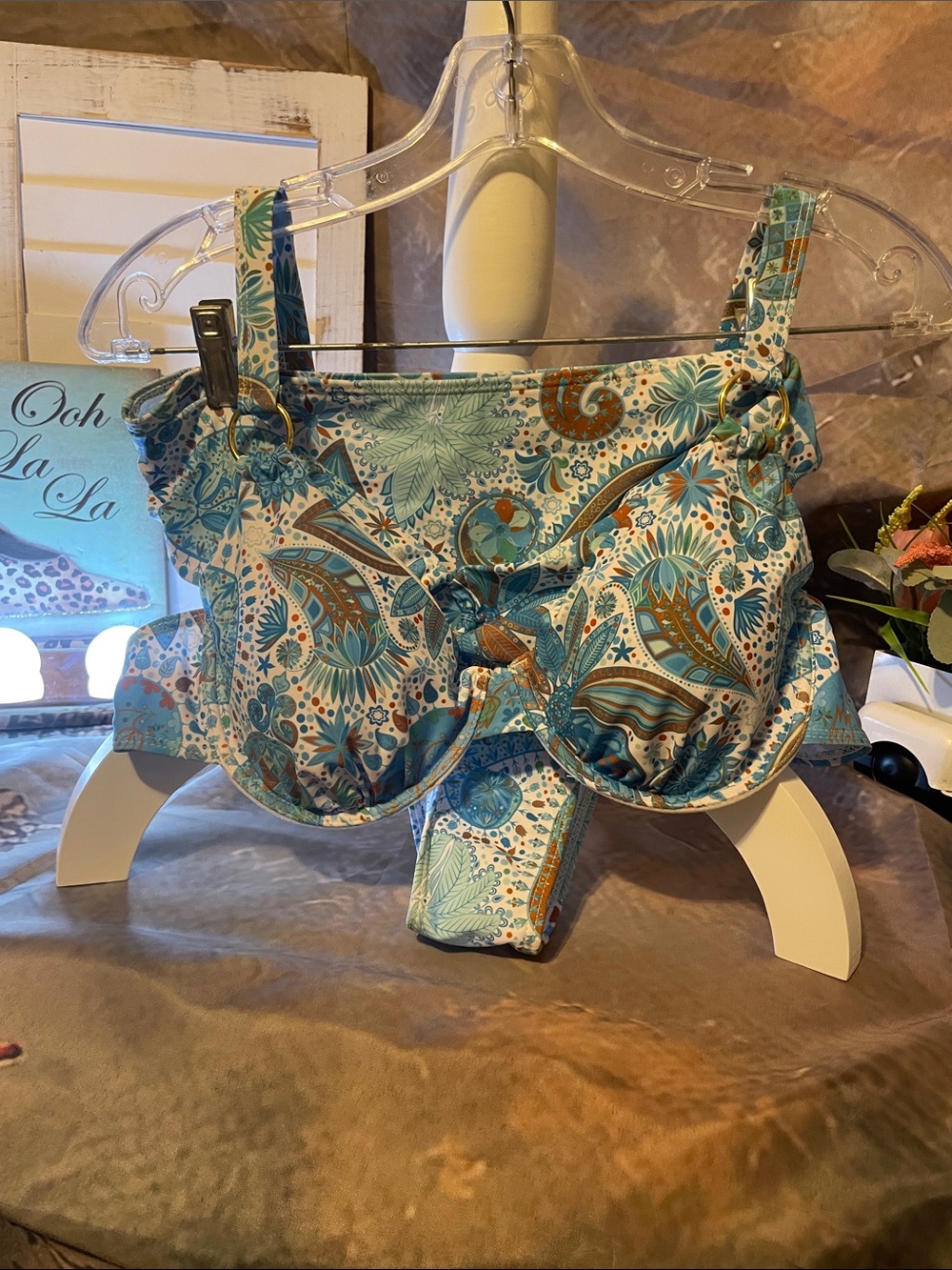 Source Unknown Teal, Aqua and Brown Paisley Underwire Bikini Top